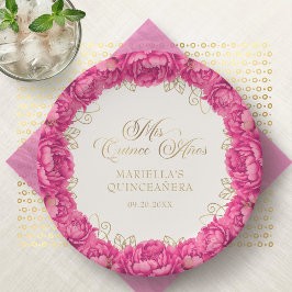 Plato De Papel Quinceanera floral rosa caliente