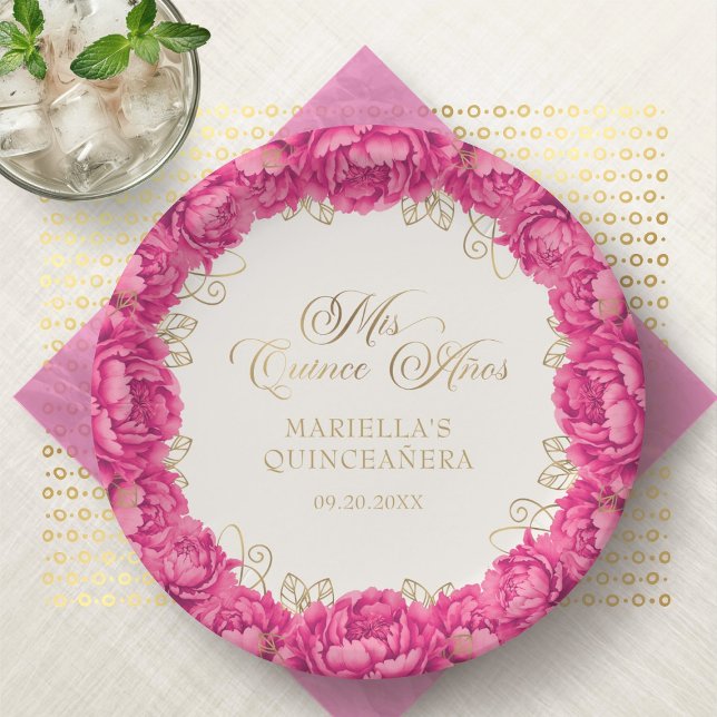 Plato De Papel Quinceanera floral rosa caliente (Subido por el creador)