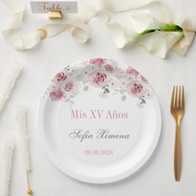 Plato De Papel Quinceañera floral rosa Rubor (Boda)