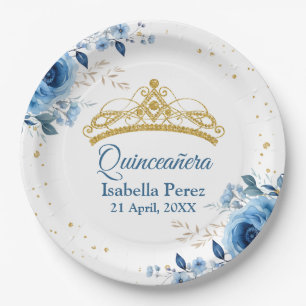 Plato De Papel Quinceanera Gold Tiara Purpurina y Blue Floral