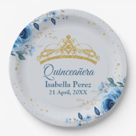 Plato De Papel Quinceanera Gold Tiara Purpurina y Blue Floral