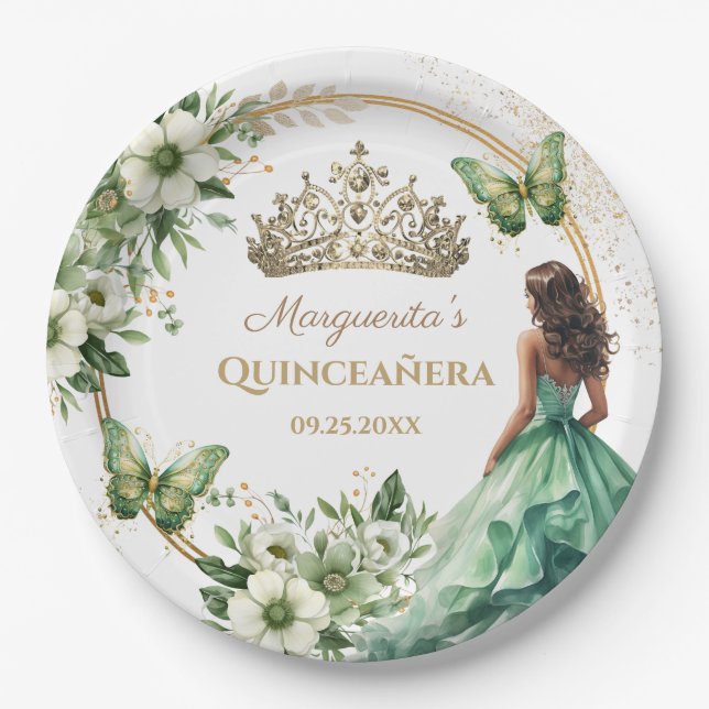 Plato De Papel Quinceañera Green Floral Butterfly Gold Tiara (Anverso)