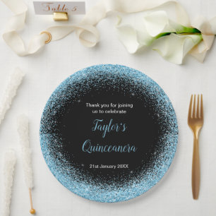 Plato De Papel Quinceanera Light Blue Faux Purpurina