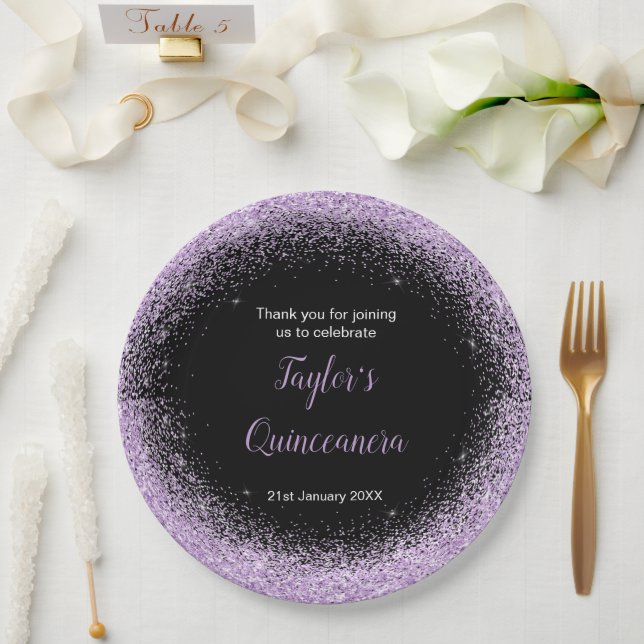 Plato De Papel Quinceanera Light Purple Faux Purpurina (Boda)