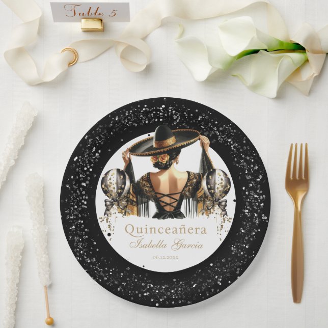 Plato De Papel Quinceañera Luxury Black Gold Personalizado (Boda)