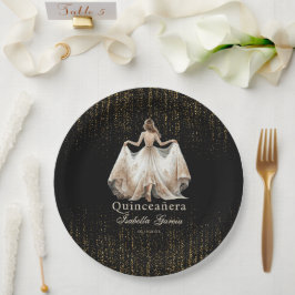 Plato De Papel Quinceañera Luxury Black Ivory Gold Personalizado