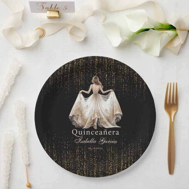 Plato De Papel Quinceañera Luxury Black Ivory Gold Personalizado (Boda)