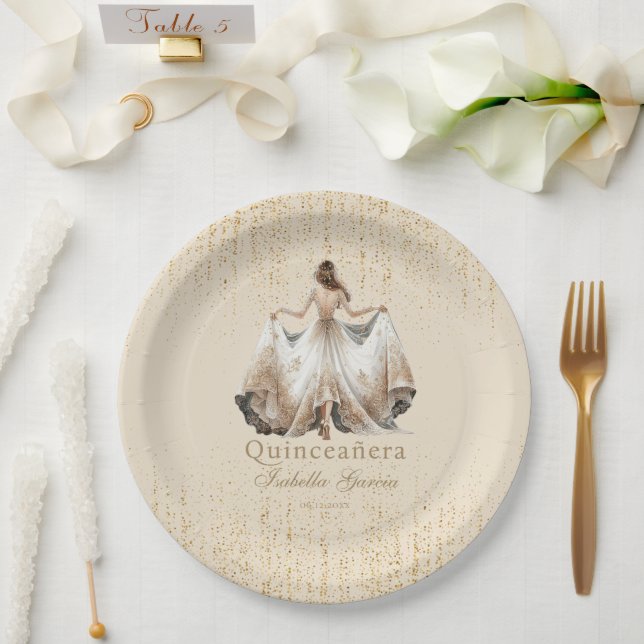 Plato De Papel Quinceañera Luxury Ivory Gold Personalizado (Boda)