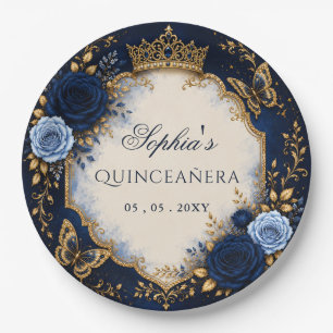 Plato De Papel Quinceañera Mariposa Floral Dorada Azul Marino