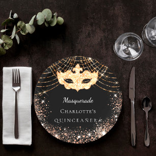 Plato De Papel Quinceanera Masquerade purpurina de oro negro