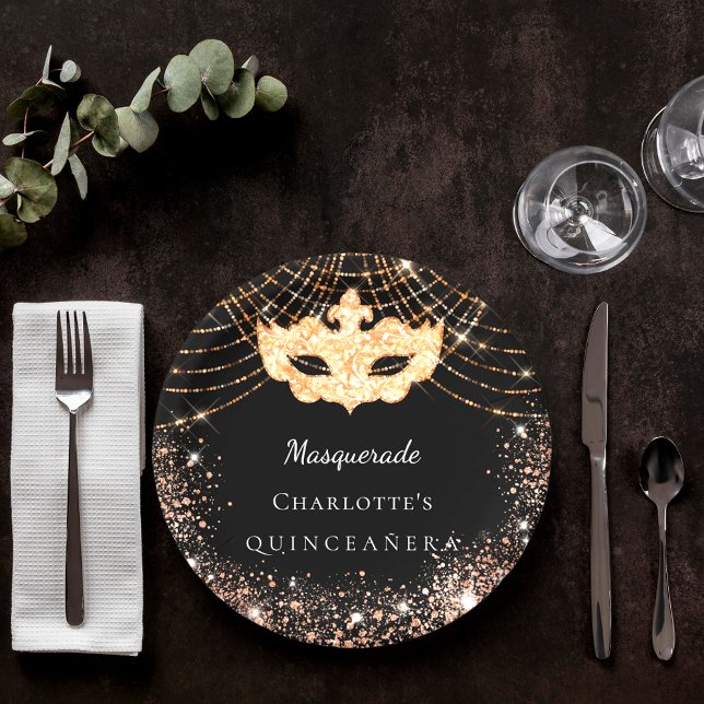 Plato De Papel Quinceanera Masquerade purpurina de oro negro (Subido por el creador)