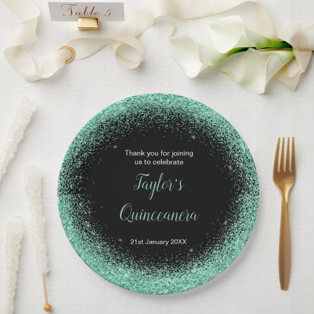 Plato De Papel Quinceanera Mint Green Faux Purpurina (Boda)