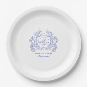 Plato De Papel Quinceanera Personalizado Escudo Floral Azul
