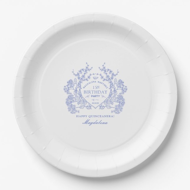 Plato De Papel Quinceanera Personalizado Escudo Floral Azul (Anverso)