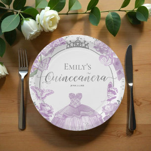 Plato De Papel Quinceanera Placas de papel Lavanda Vestido Floral