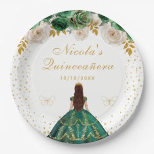 Plato De Papel Quinceañera Princesa Floral Verde