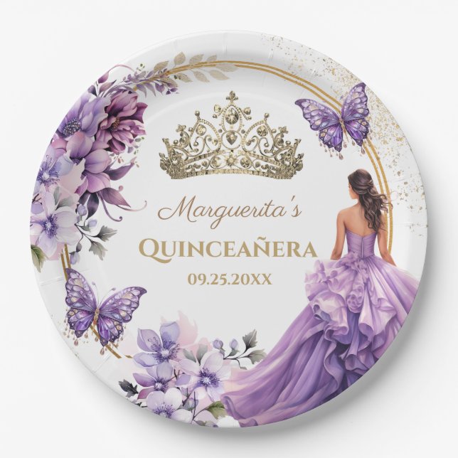 Plato De Papel Quinceañera Purple Floral Gold Tiara Butfly (Anverso)