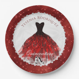 Plato De Papel Quinceañera Red Diamond Sparkle Glam