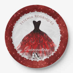 Plato De Papel Quinceañera Red Diamond Sparkle Glam