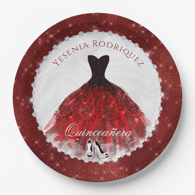 Plato De Papel Quinceañera Red Diamond Sparkle Glam (Anverso)