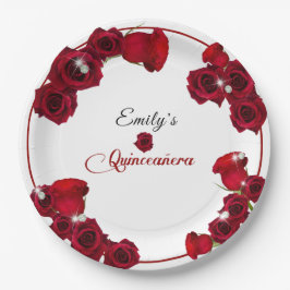 Plato De Papel Quinceañera Rosas Rojas Bonitas Diamantes  
