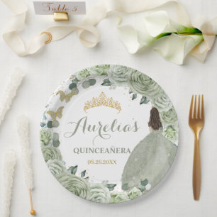 Plato De Papel Quinceañera Sage Green Floral Printerflies