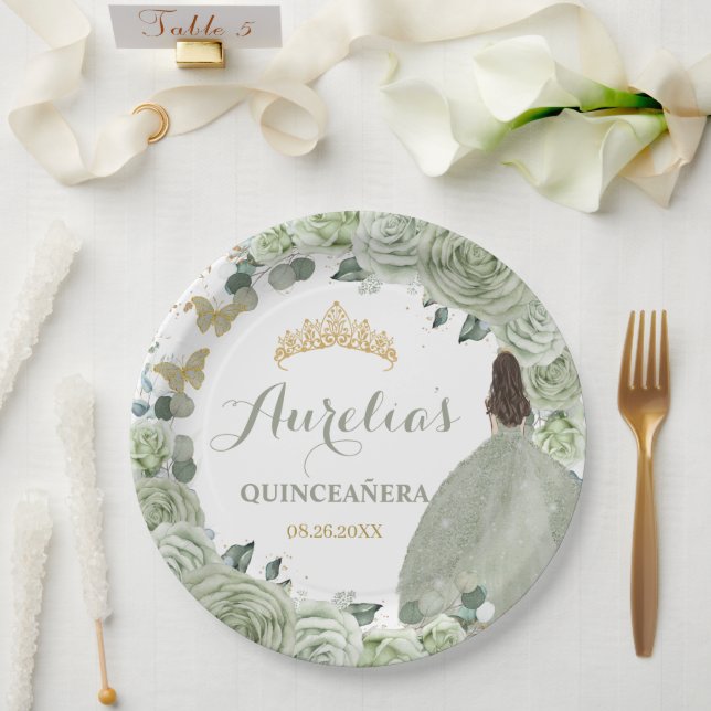Plato De Papel Quinceañera Sage Green Floral Printerflies (Boda)