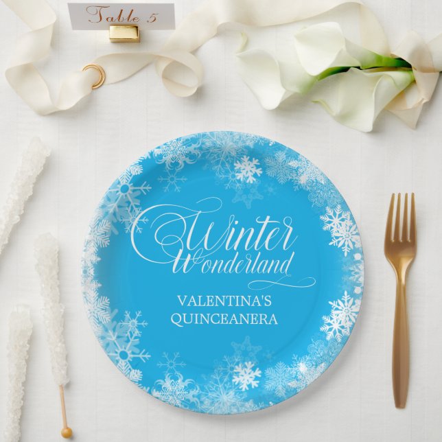 Plato De Papel Quinceanera Winter Wonderland Snowflake Blue (Boda)