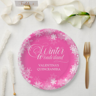 Plato De Papel Quinceanera Winter Wonderland Snowflake Pink