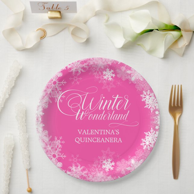 Plato De Papel Quinceanera Winter Wonderland Snowflake Pink (Boda)