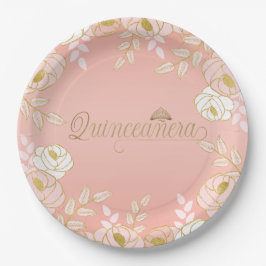 Plato De Papel Quinceanera y Tiara Botánica en rosa y oro