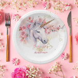 Plato De Papel Quinto cumpleaños del místico Chica floral Unicorn<br><div class="desc">Presentamos nuestro fascinante diseño de Fiesta de cumpleaños 4th Birthday con Chica místico de unicornio y floral rosa. Sumérgete en un mundo de encantamiento mientras te preparas para celebrar a tu pequeño. Esta exquisita colección cuenta con un majestuoso unicornio como punto focal, adornado con elegancia con delicadas flores rosadas y...</div>