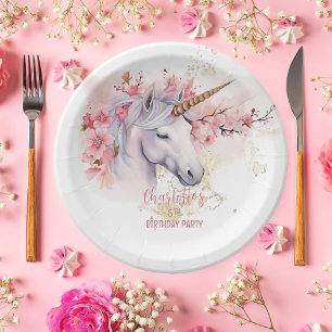 Plato De Papel Quinto cumpleaños del místico Chica floral Unicorn