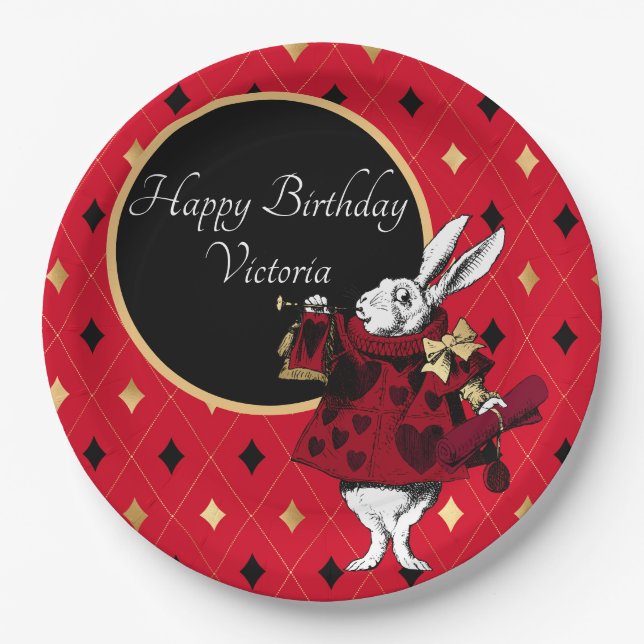 Plato De Papel Rabbit blanco en cumpleaños rojo (Anverso)