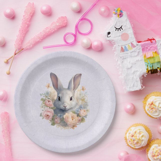 Plato De Papel Rabbit Surrounded by Pastel Flowers Cute (Fiesta)