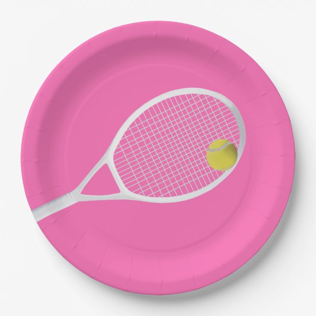 Plato De Papel Raca blanca de bolas de tenis rosa moderno (Anverso)