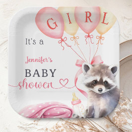 Plato De Papel Raccoon Baby Shower Chica Papel rosado