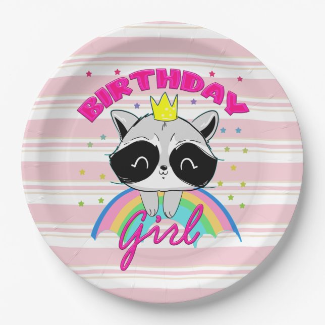 Plato De Papel Raccoon Chica de cumpleaños Fiesta animal Raccoon  (Anverso)