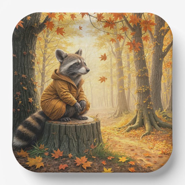 Plato De Papel Raccoon de otoño sentado en un árbol (Anverso)