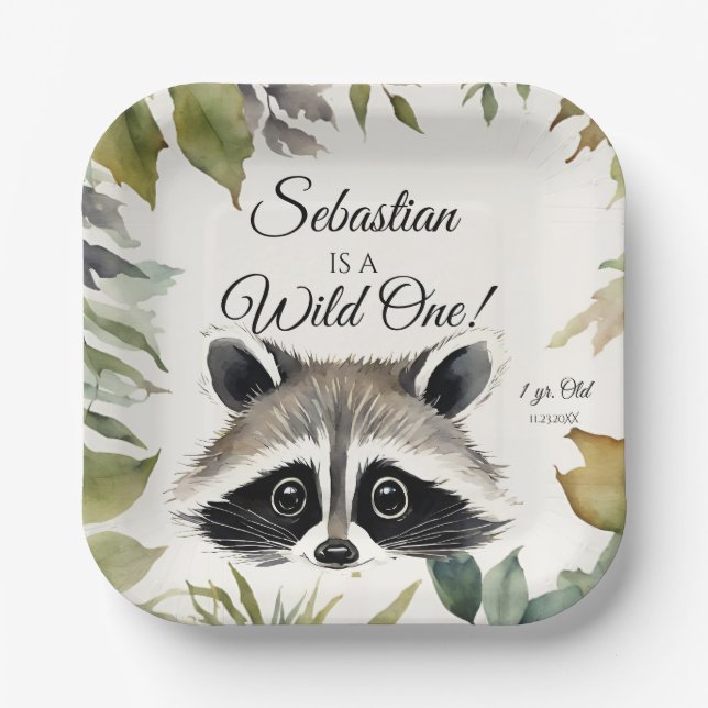 Plato De Papel Raccoon Wild One Woodland Animal Birday Party (Anverso)
