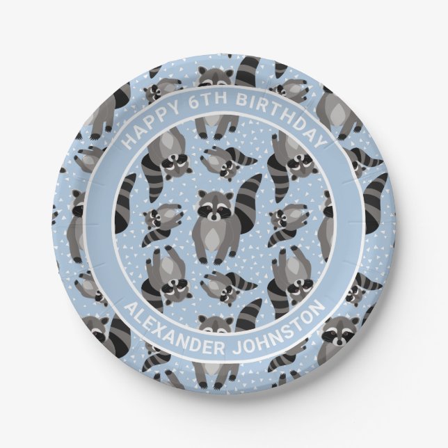 Plato De Papel Raccoons Personalizado Blue Birday Party (Anverso)