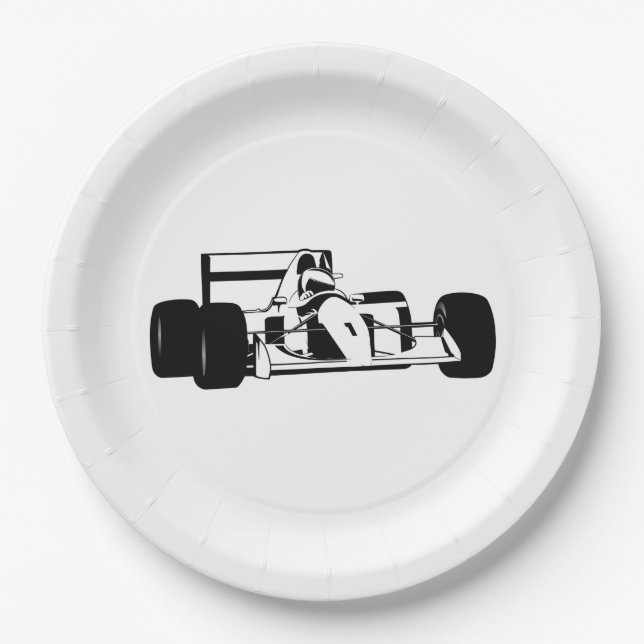 Plato De Papel Race Car Silhouette blanco y negro (Anverso)