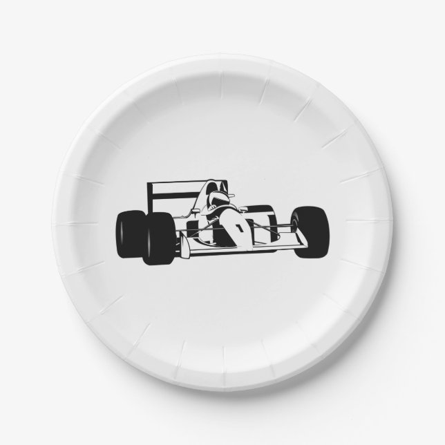 Plato De Papel Race Car Silhouette blanco y negro (Anverso)