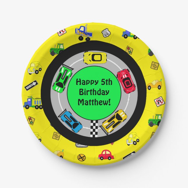 Plato De Papel Race Car y la fiesta de cumpleaños de un chico con (Anverso)