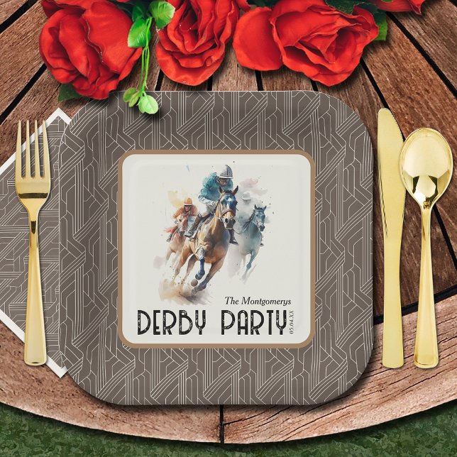 Plato De Papel Race Horses Derby Fiesta Brown Square (Paper plates and matching napkins sold separately. (Silverware not sold.))