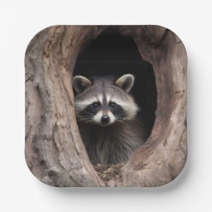 Plato De Papel Racoon en la cueva del árbol
