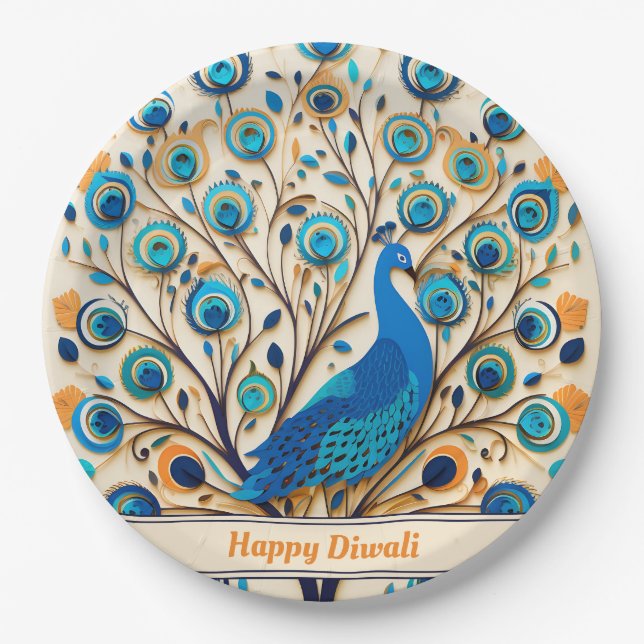 Plato De Papel 🦚 Radiant Peacock Diwali Blessings (Anverso)