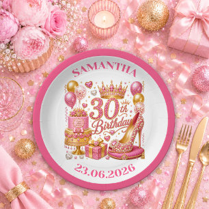 Plato De Papel Radiant Pink Gold Confetti Cumpleaños 30 Paper Pla