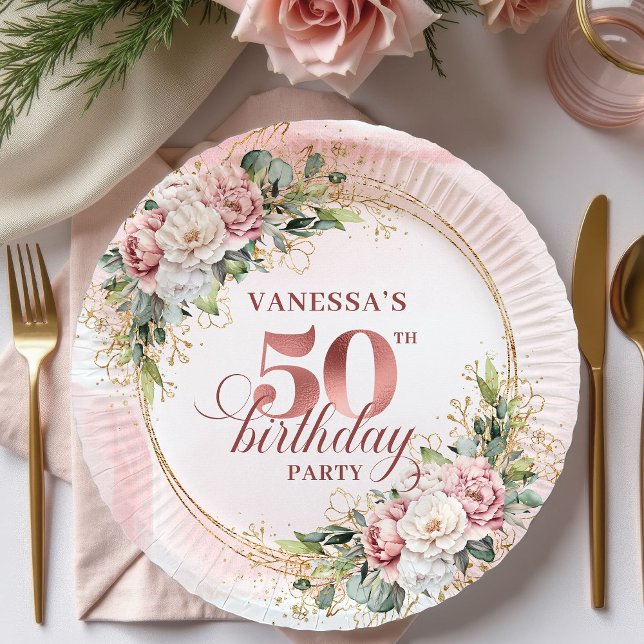 Plato De Papel Radiant Rose Gold Glitter Floral 50th Birthday  (Radiant Rose Gold Glitter Floral 50th Birthday Party Paper Plates

)