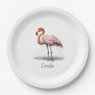 Plato De Papel Radio Flamingo: acuarela tropical, personalizado